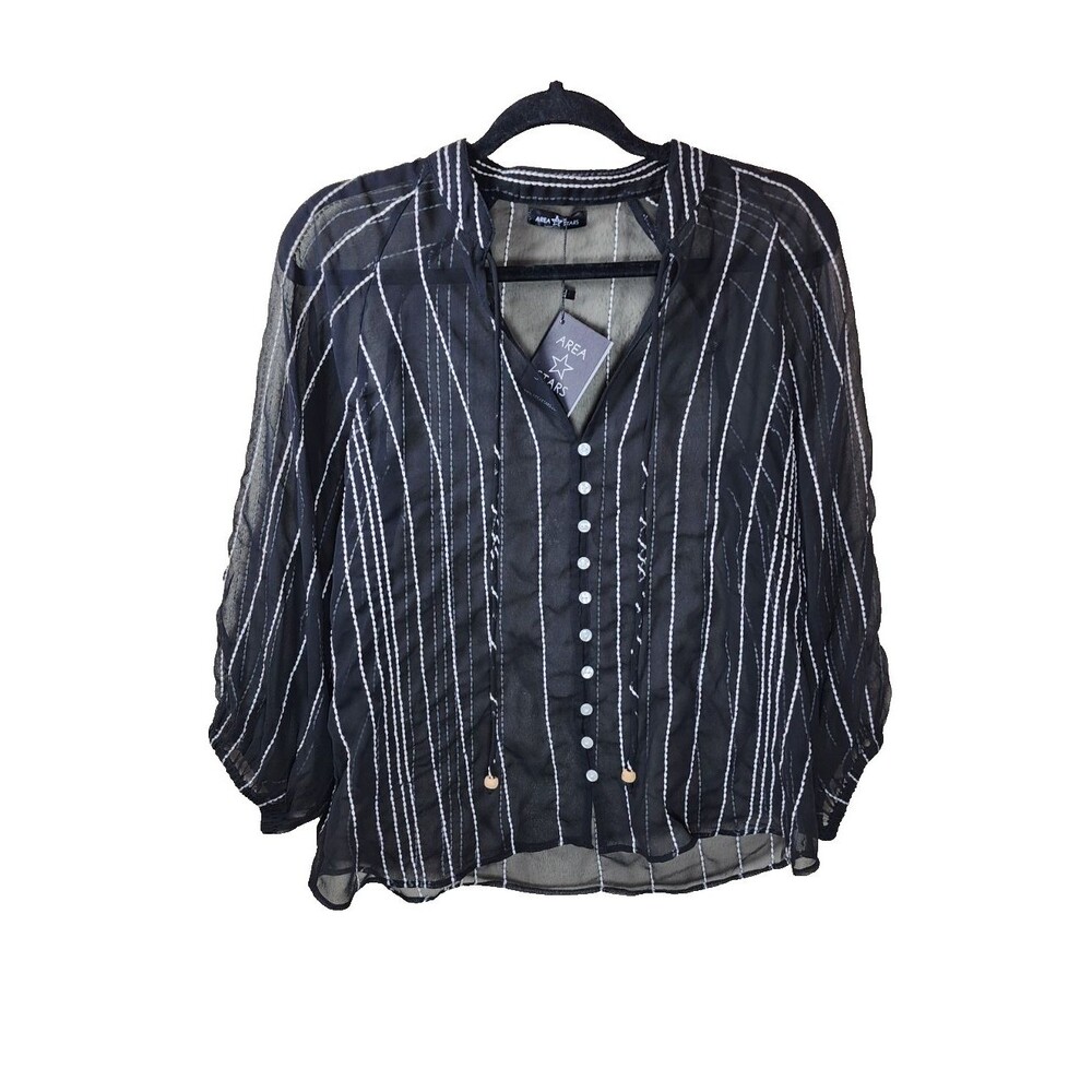 New ​Area Stars M Black Sheer Stripe Button Front Tie Neck Blouse